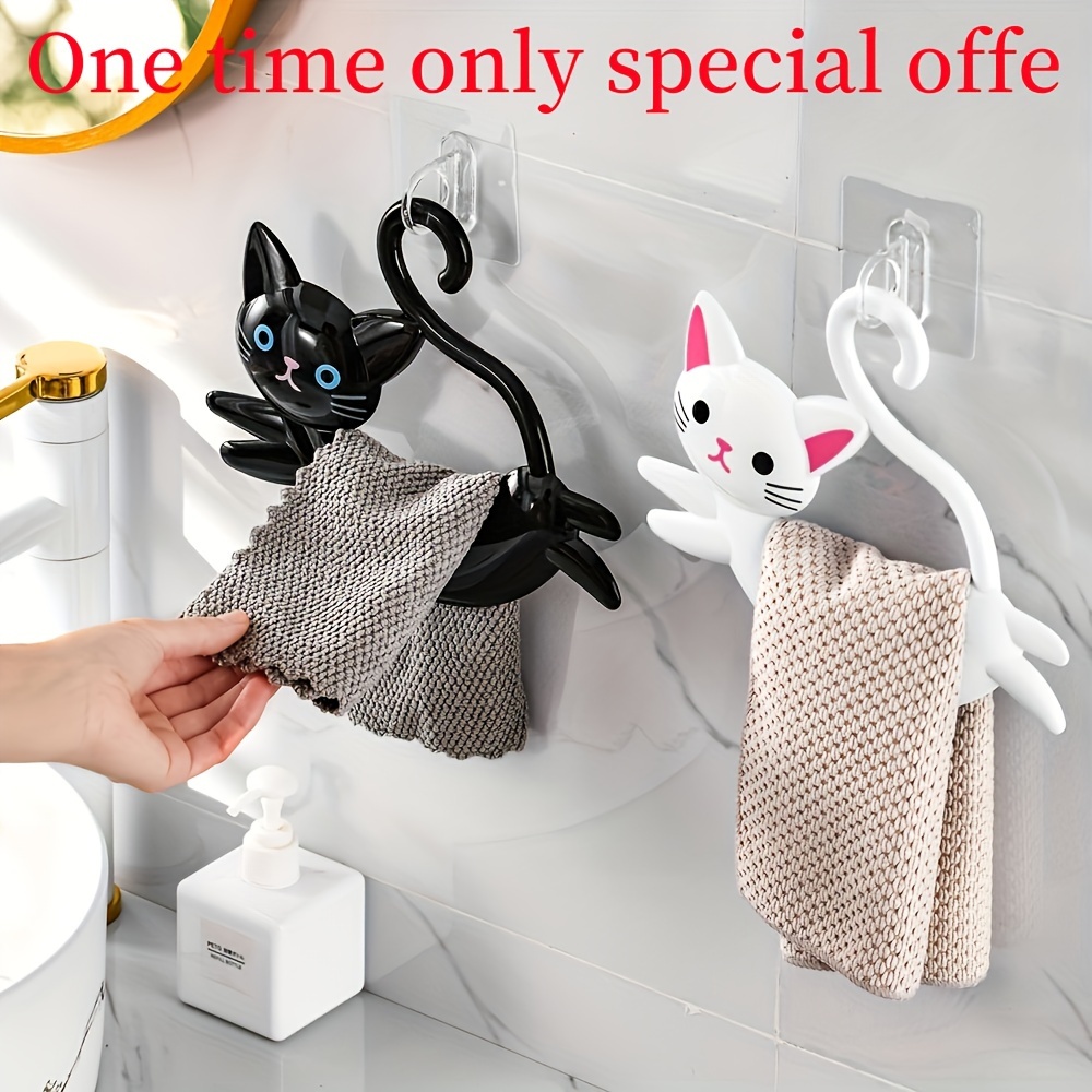 

1pc Cat Cartoon Towel Holder - , No-drill Wall-mounted Rack With Non-marking Adhesive, , Black & White Options, Towel Holder For Bathroom, Christmas/halloween Gift Decoration