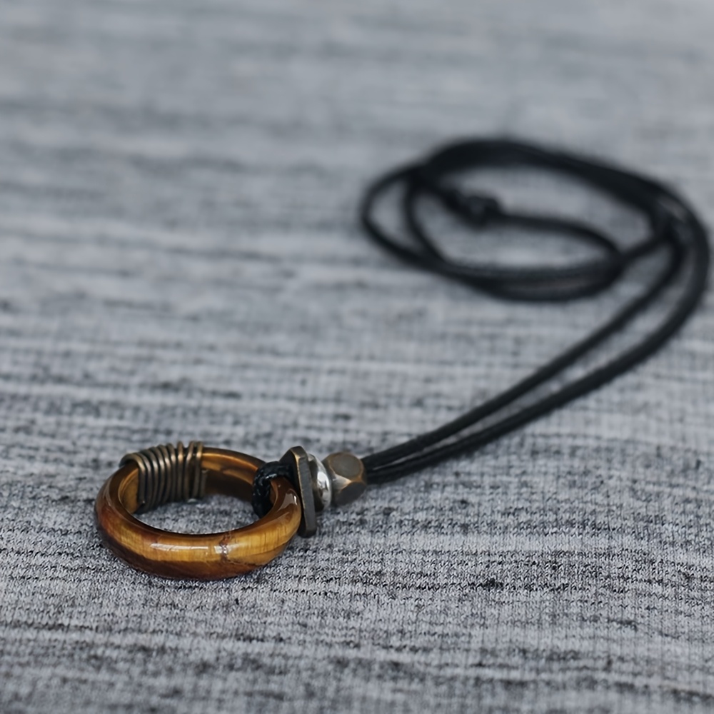 TEMU Handmade Vintage Natural Eye Stone Ring Clasp Pendant, Geometric Element Round Wire Wrapped Necklace, Valentine's Day, Father's Day Gift