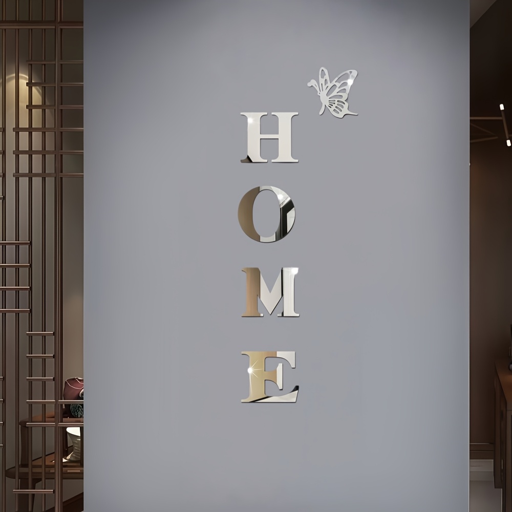 Image of 5pcs Set, Silvery Letter Home Acrylic Mirror Wall Stickers Home Decoration - Suitable For Living Room And Bedroom, A Warm Atmosphere For , Ideal Wall Decor;