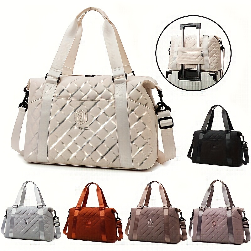 large capacity quilted travel duffel bag with rhombus pattern solid color overnight carry on tote with multiple storage pockets Product details 1