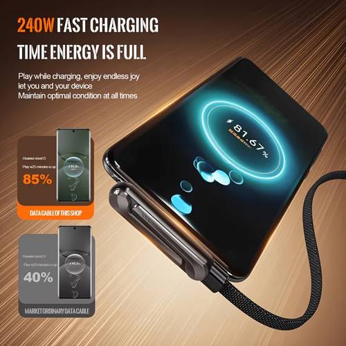 Artikelbild 240w ultra-schnellladung, mit flachgewebtem, strapazierfähigem kabel, integriertem, faltbarem handy-ständer, realisiert 3-in-1-ladestation. typ-c universelle , weitgehend kompatibel mit handys, tablets und anderen geräten