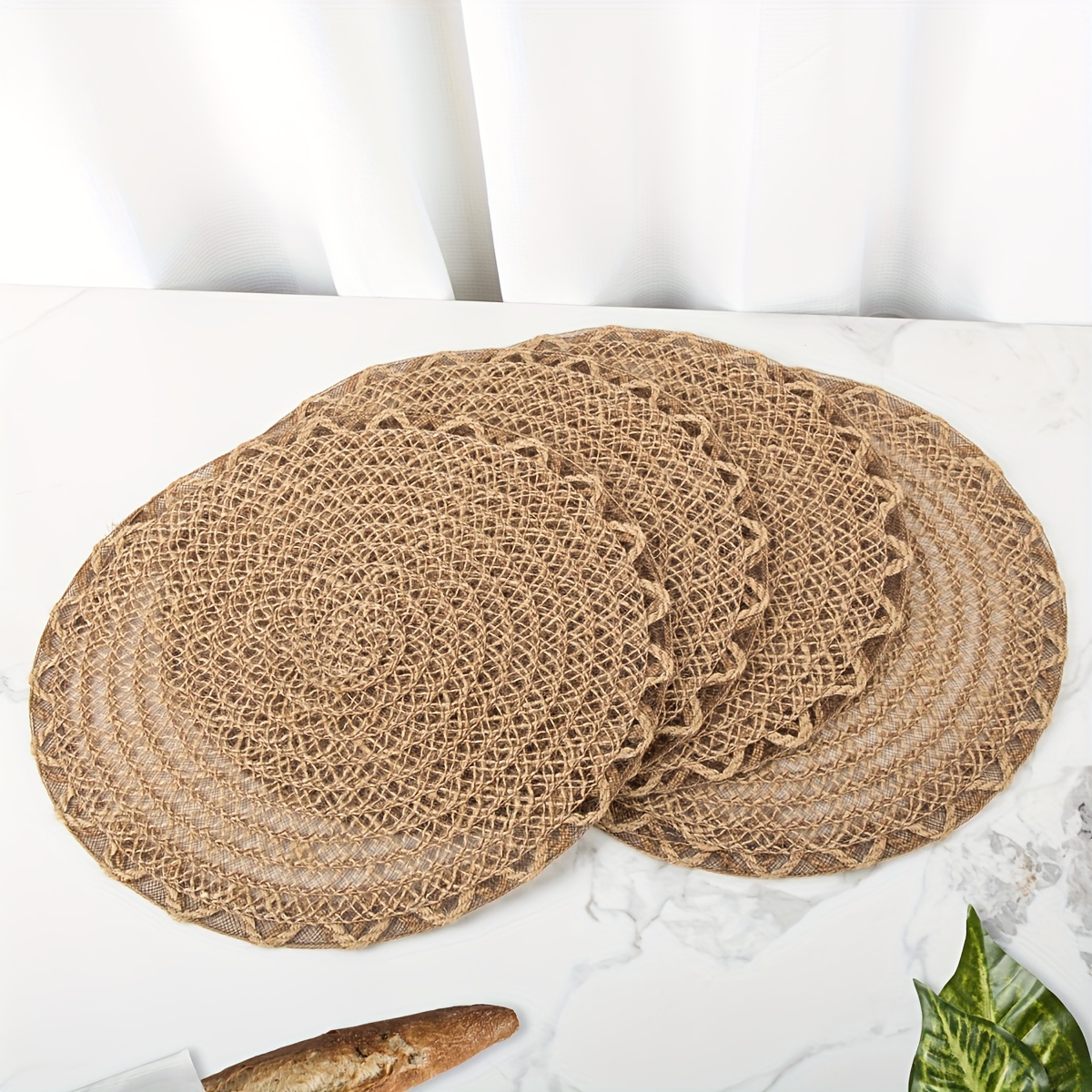 

4pcs Jute Woven Place Mats - Hand Wash Only Round Table Mats With Non-slip Backing, Decorative Wave Patterned Jute Table Mats For Dining And Home Decor