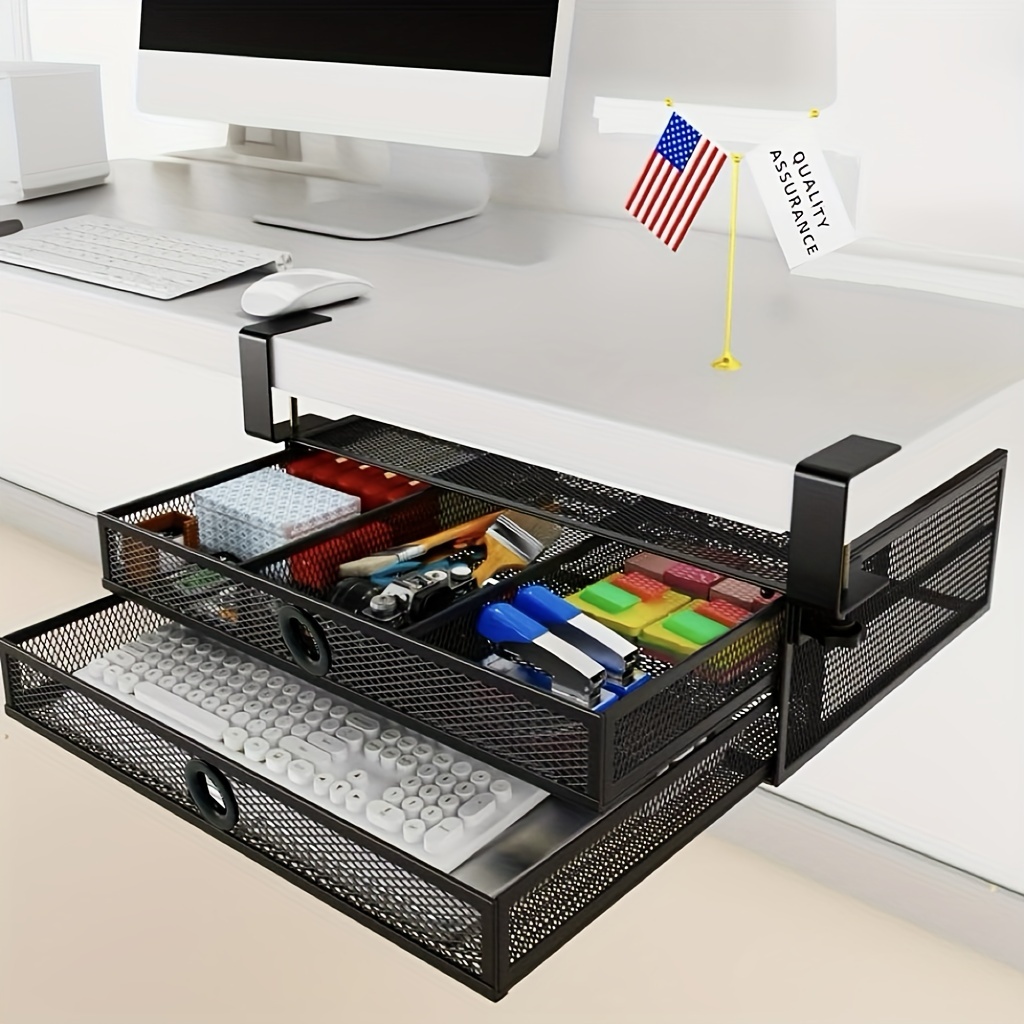 TEMU Under Desk Drawer Organizer Clamp-on, Mesh Metal Desk Drawer Attachment, 2 Drawer Slide Out, On Desk Or Under Desk Organizer For Office Supplies