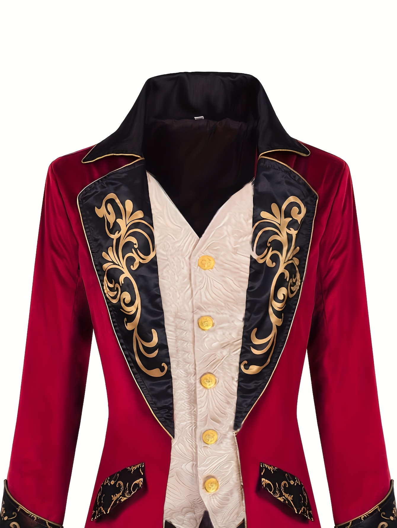 vintage inspired victorian frock coat for him red with golden floral embroidery long sleeves deep v neck   pockets polyester lining   halloween or formal events formal wear vintageinspired design polyester lining