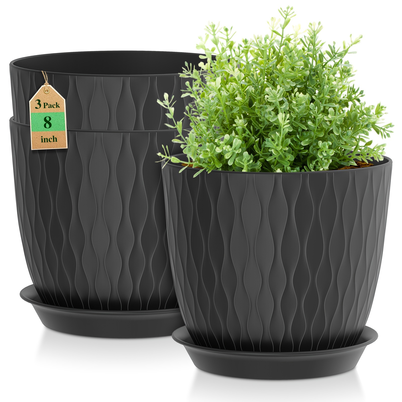 

Uouz 3pcs Set Of 8-inch Modern Plastic Planters With Drainage Holes - Indoor/outdoor Flower & Cactus Pots, Striped Design, Includes Saucers, Succulents & More - Round Garden & Lawn