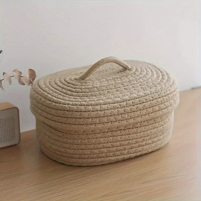 

1pc Bohemian Style Cotton Rope Woven Storage Box With Lid, Versatile Tissue And Cosmetics Desktop Organizer Basket, Fabric Craftsmanship For Home Decor