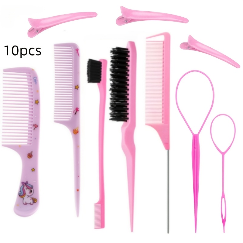 TEMU Set de 10 piezas de herramientas para peinar el cabello rosa, combinación de peine profesional para trenzas, incluye peine de afilada de metal,