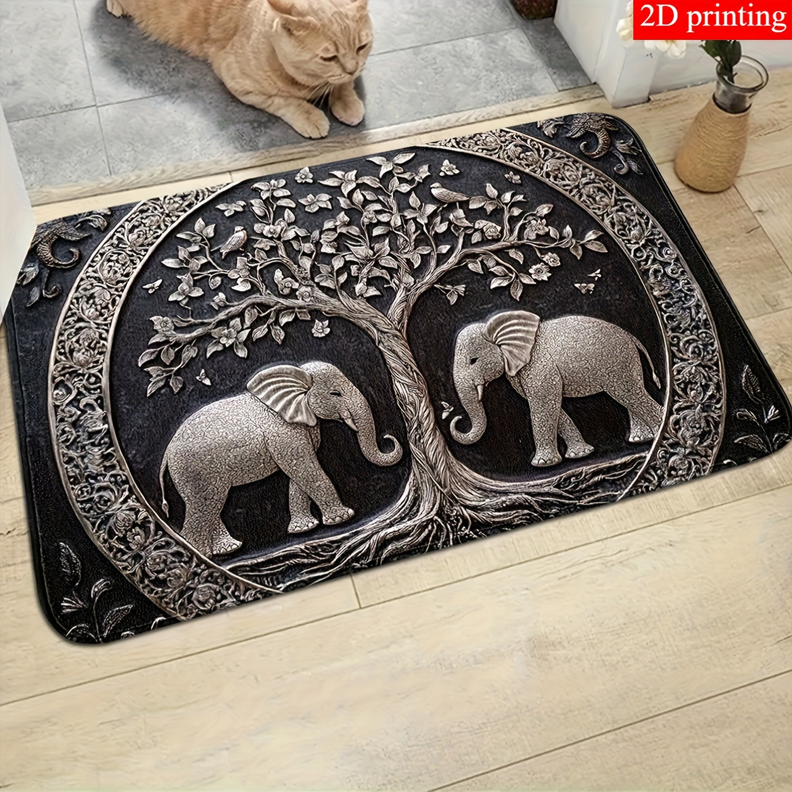 E-shop 2D Flache 1 Vintage Fußmatte | Elefanten Fußmatte für Außen/Binnen/Veranda/ Innenhof, Halbkreisförmig, Polyester, Maschinell hergestellt von