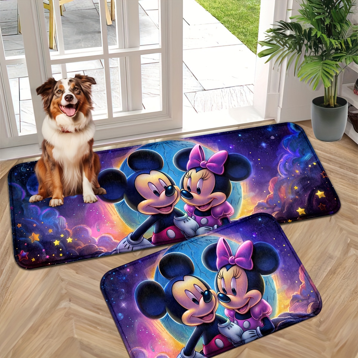 

Mickey & Mouse Space-themed Door Mat - Polyester, Machine Washable, Non-slip, Stain-resistant For Home Use