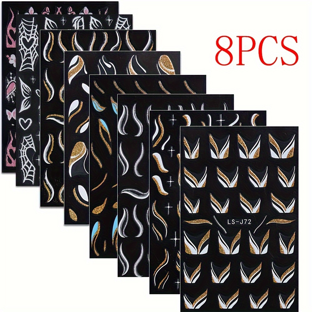 8-sheet Pack French Shimmering Gold- Line Fire Girly Small Flower Nail Stickers