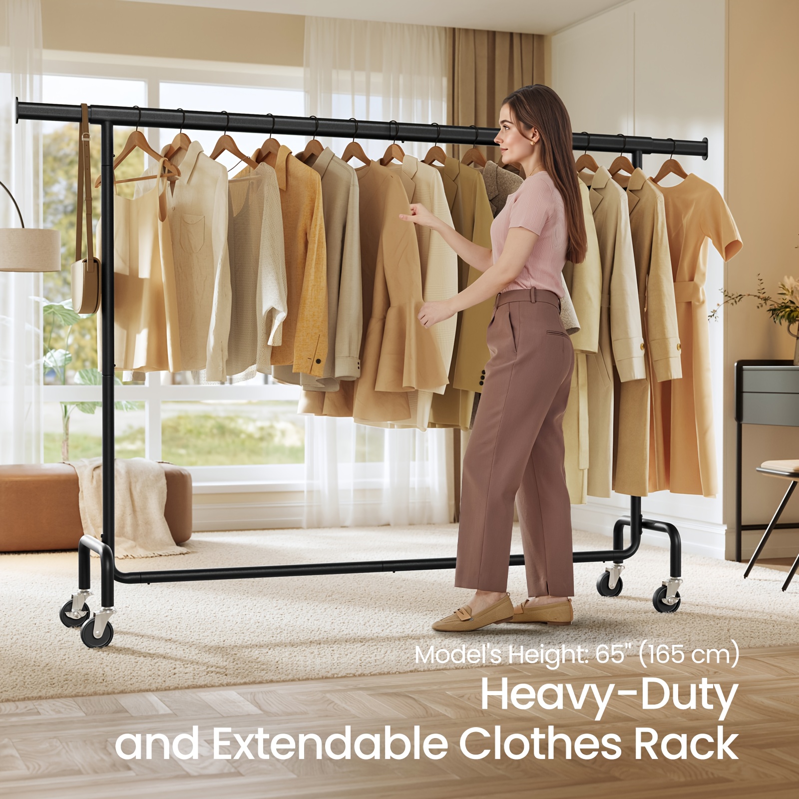 heavy duty mobile clothes rack with extendable hanging rail rolling base freestanding garment rail suitable for retail commercial use 110kg load capacity chrome plated matte   saving storage