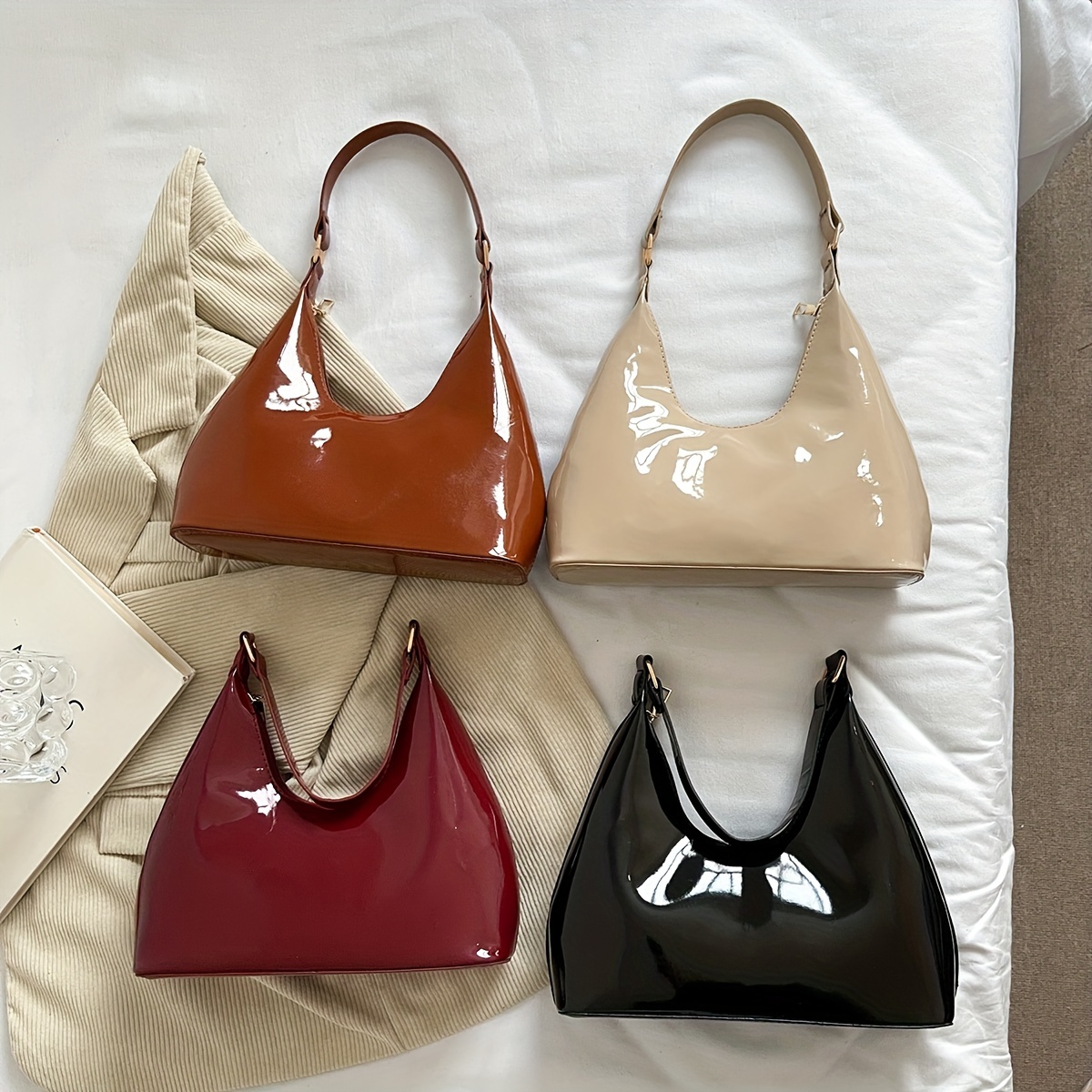 

Glossy Solid Color Pu Shoulder Bags For Women, Simple Luxury Single Strap Handbags, Elegant Tote Purse