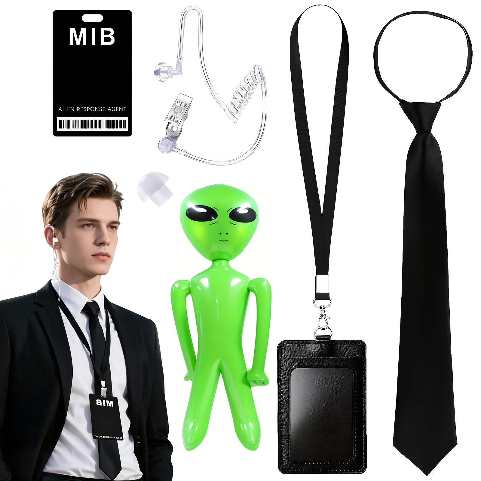 TEMU 2d Flat, Agent Costume And Accessory Set, Costume Set With Id Card Holder, Black Tie, Headphones, Inflatable Green Props, Men's And Women's