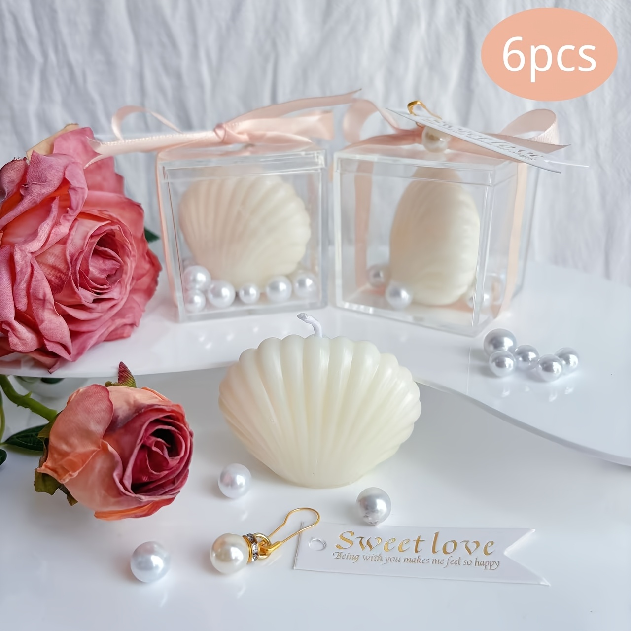 Image of 6pcs Shell Candles Favor Set For Guest, 6 Set Of White Shell Shaped Candles With Acrylic Boxes And Pink Ribbon Tags Accessories, Ideal For Wedding Bridal Shower Favor And Beach Party Gifts