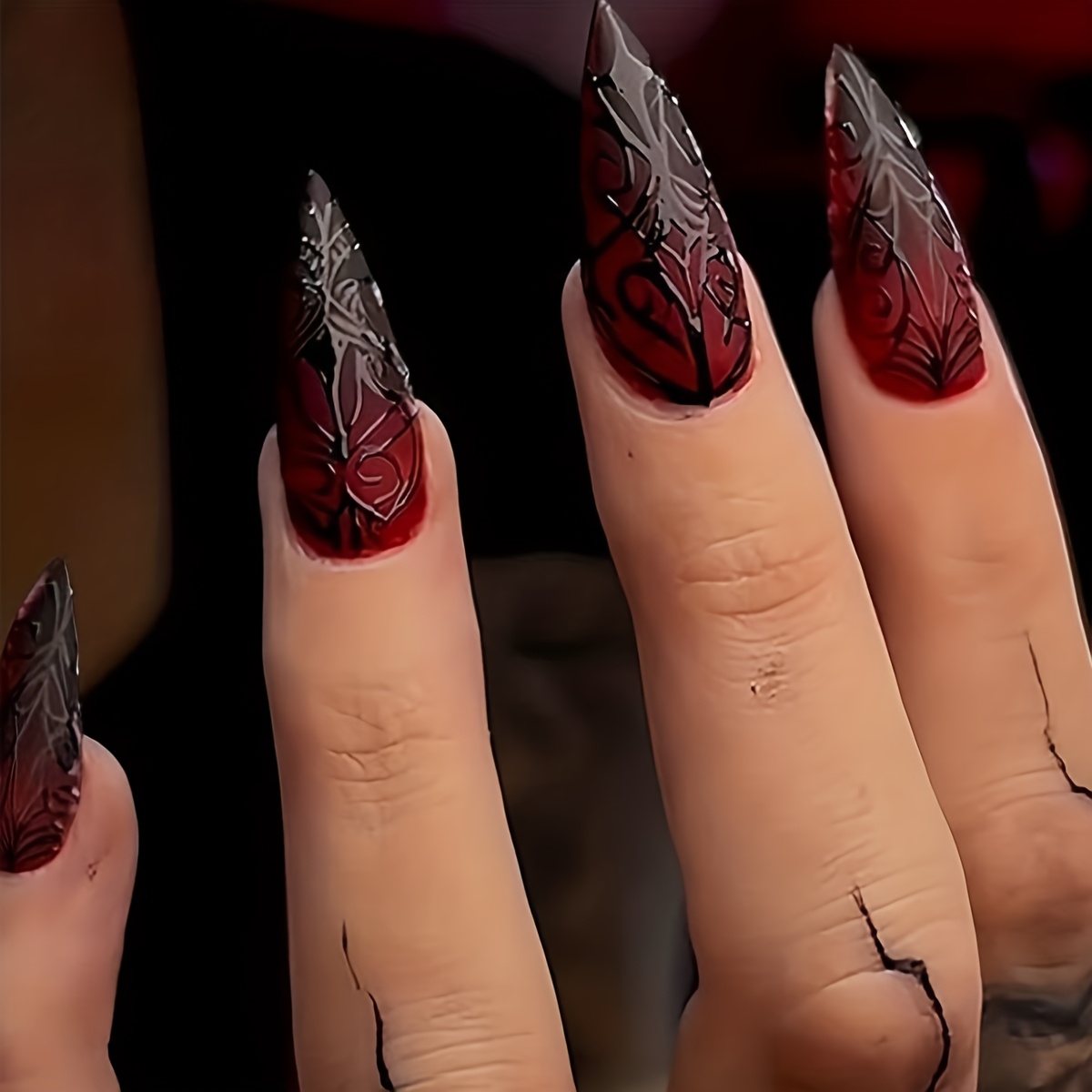 Red Gradient And Black Rose Pattern Pointed Design, Full Of Personality, Fake Nail Art