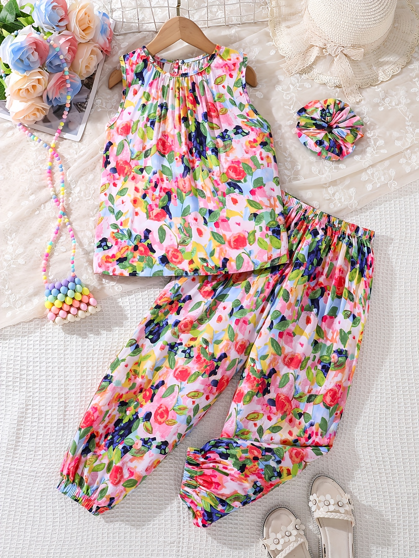 european and american colorful leaf print long pants set soft and comfortable fabric thin   summer fashion suit with hair tie   outdoor 0