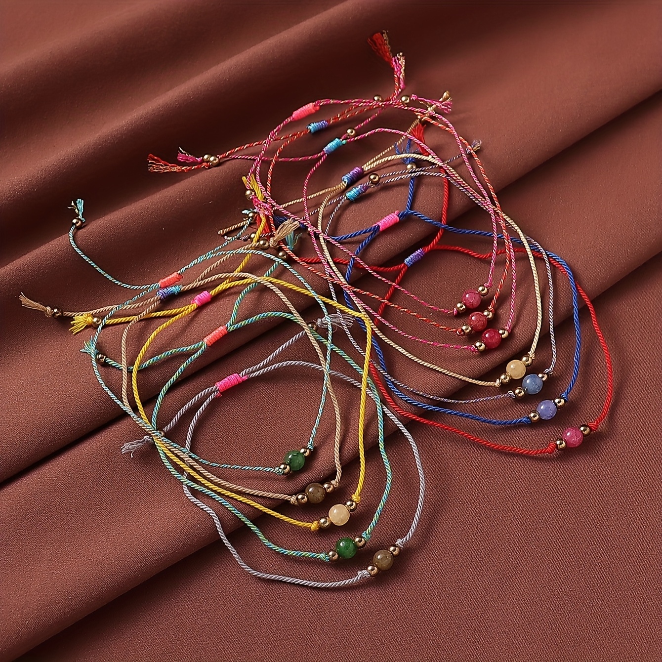12pcs Boho Colorful Beaded Natural Stone Drawstring Bracelet Set