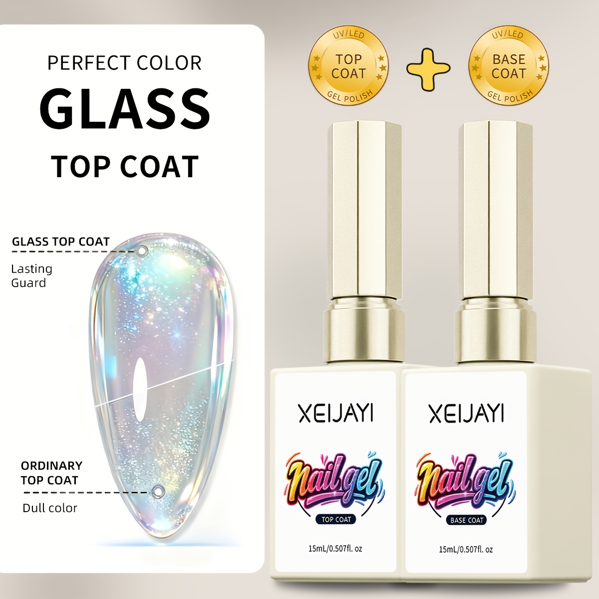 Xeijayi 2pcs 15ml Base Coat & Set L Nail Art Formula. Requires Use With A /led Nail Lamp; Ideal For Diy Nail .