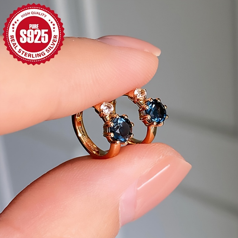 

Pair Of Women' Ring Earrings Blue Synthetic Zirconia Ear Low Allergy 925 Silver 1.42g Suitable For Daily Gift