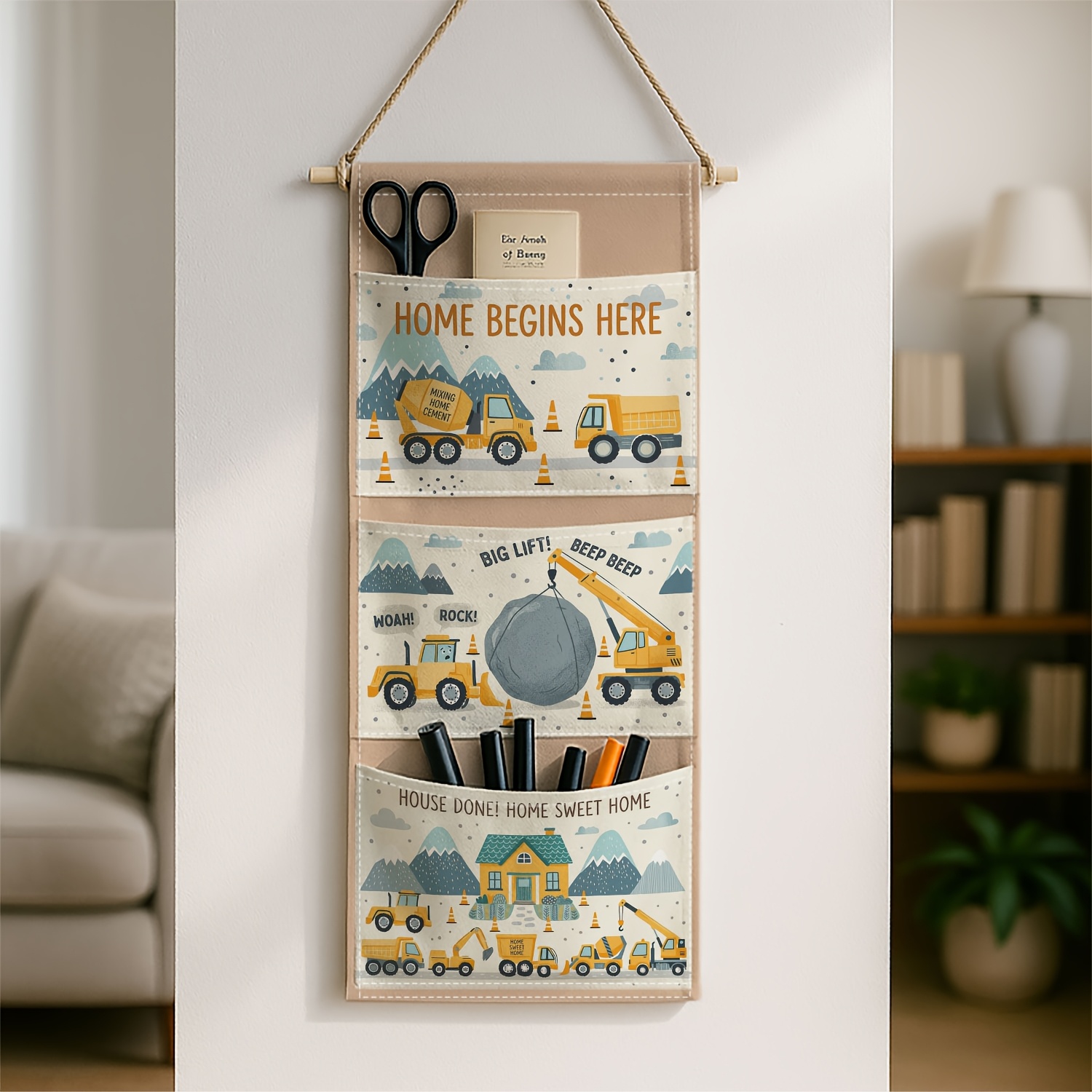 TEMU 1pc Minimalist Cartoon Construction Nordic- Wall-mounted Storage Bag- Hanging Organizers - Excavator Design, Space-efficient Door/wall Cabinet