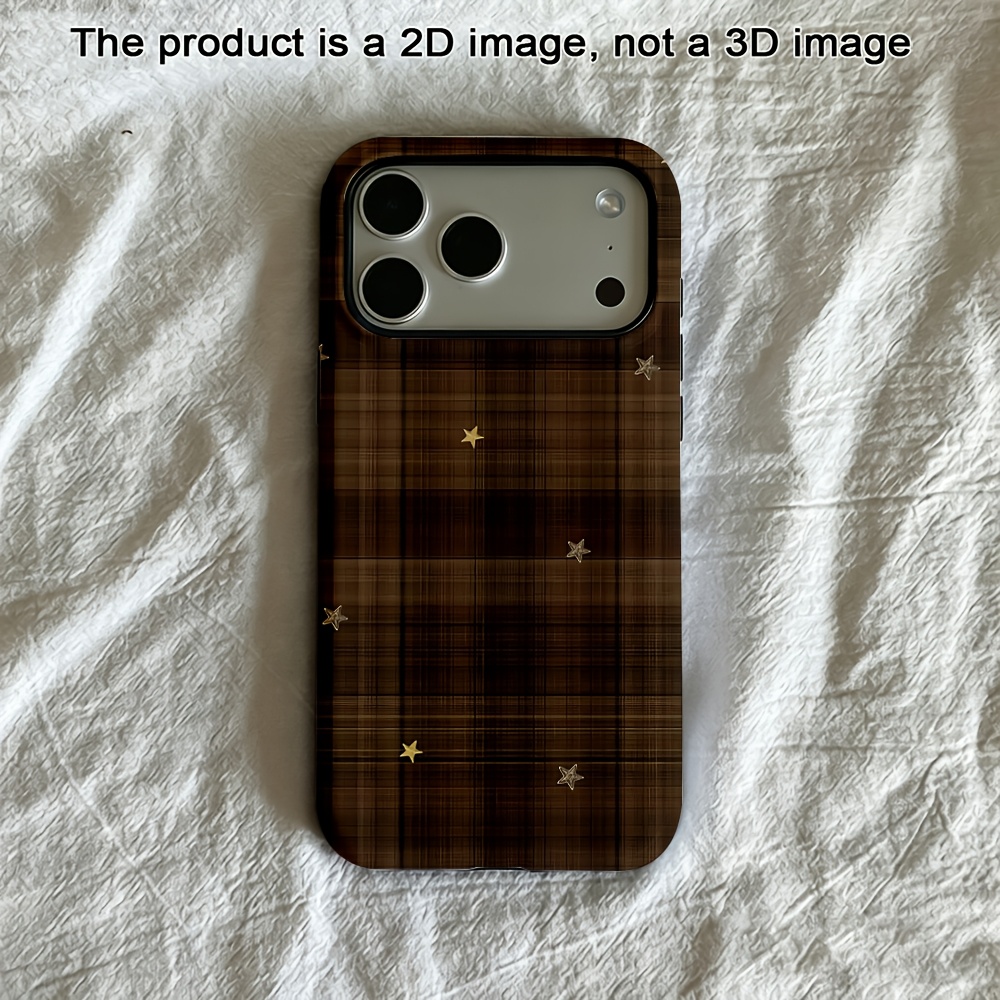 TEMU Phone Case: Brown Plaid Print 2d Print Phone Case Suitable For Iphone 17 16 16e 15 14 13 12 11 Pro Max Xr Xsmax 8 7 Plus Hard Pc Double-layer