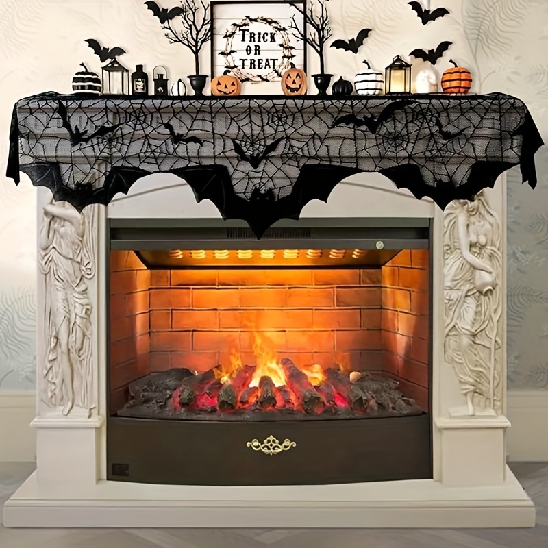     lace fireplace scarf black decorative mantel cover seasonal festive party fireplace mantle decoration accessories 20x79 inch details 3