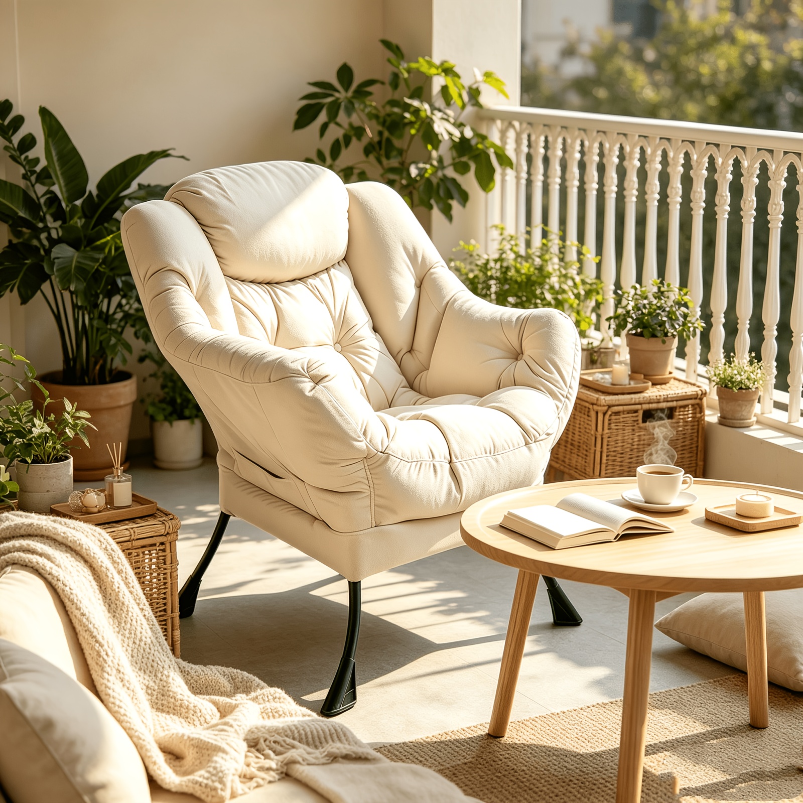 Image of Garden Lounger, Leisure Armchair, Soft Backrest With Pockets, Suitable For Garden, Living Room And Room, Load Capacity 150 Kg, Beige