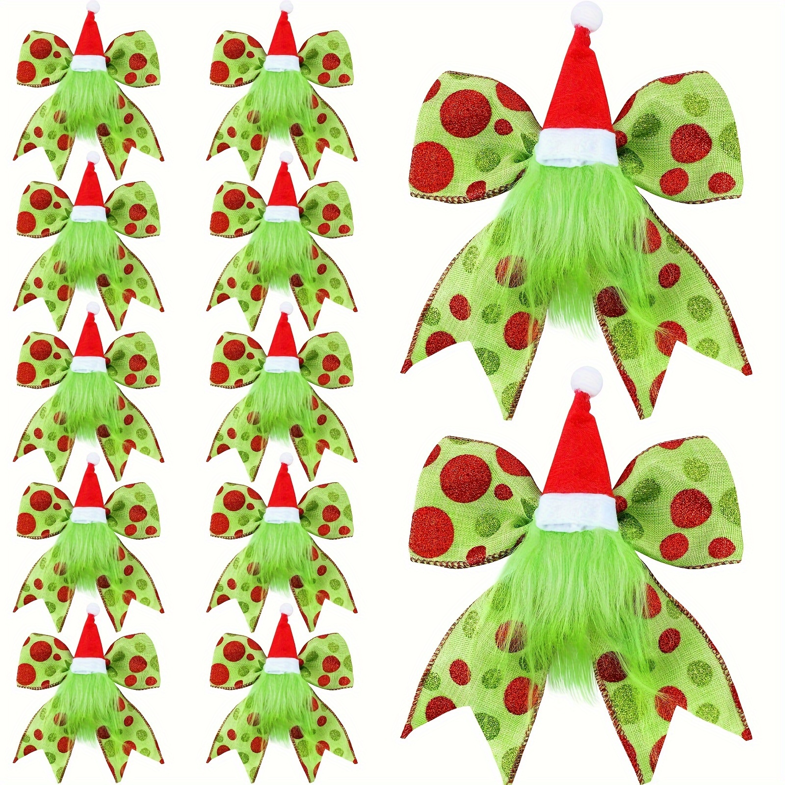 

Christmas Bow Decorations - 6/12pcs Red & With Glitter Accents For Tree, Wreath, And Garland - Includes Matching Santa Hats & Plush Greenery For Holiday Party Embellishments