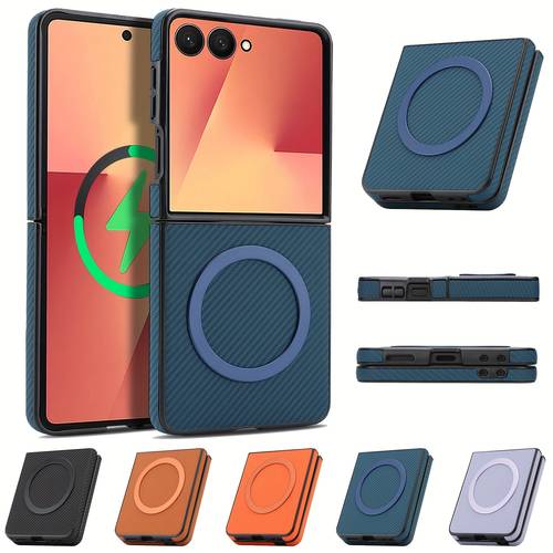 item picture phone case magnetic wireless charging synthetic leather phone case for samsung galaxy z flip 8 7 fe 6 5 4 with carbon fiber pattern anti theft brush cover