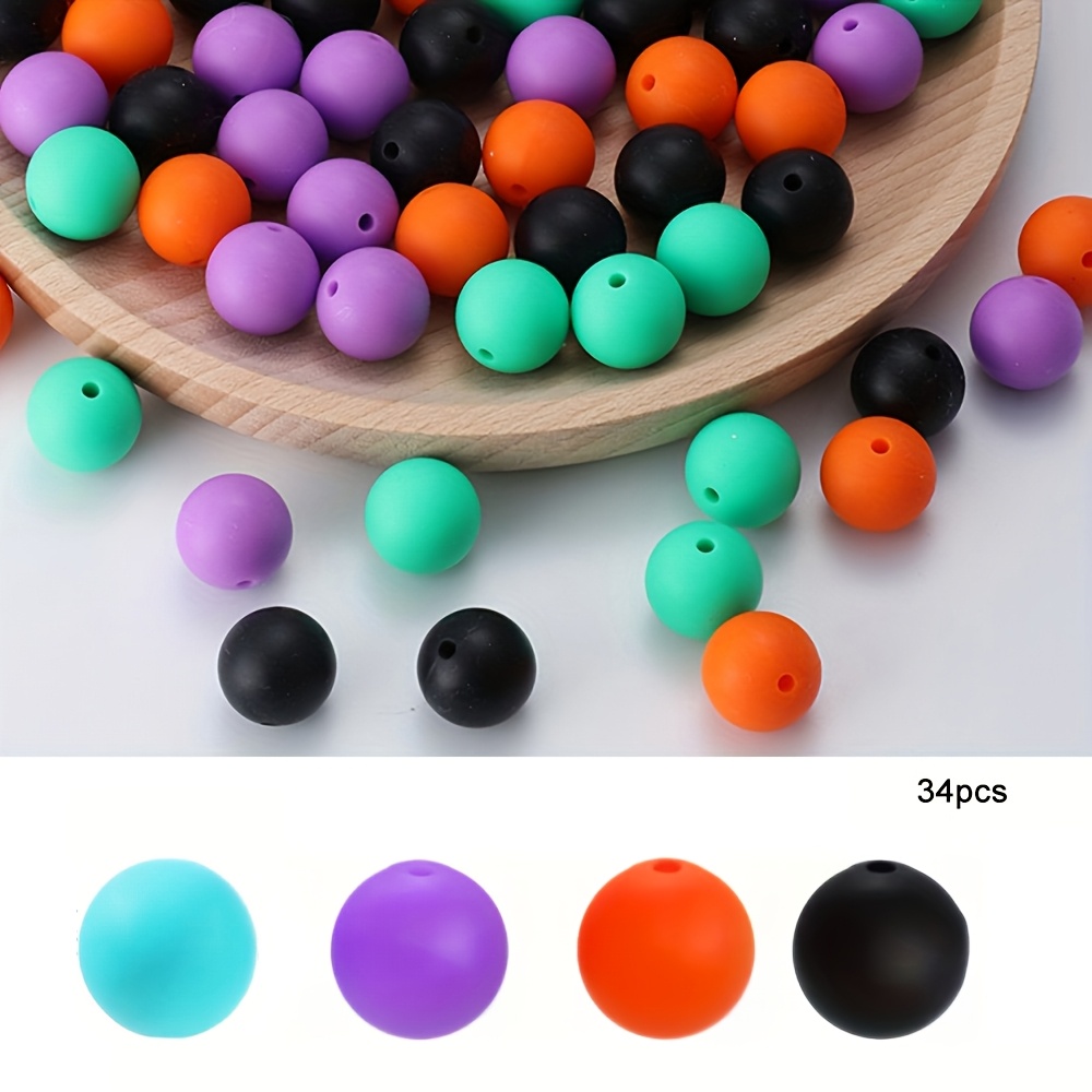 TEMU 34 Halloween Silicone Beads, 15mm Smooth Solid-color Round Spacer Beads , Purple, Orange, And Black. Suitable For Jewelry, Earrings, Necklaces,