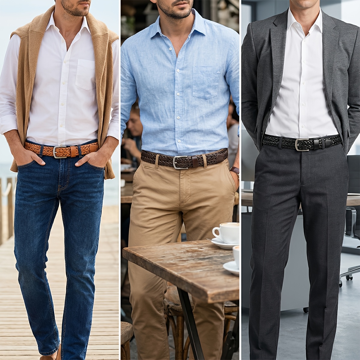 3pcs Casual Men's Belt Set with Needle Buckle Design