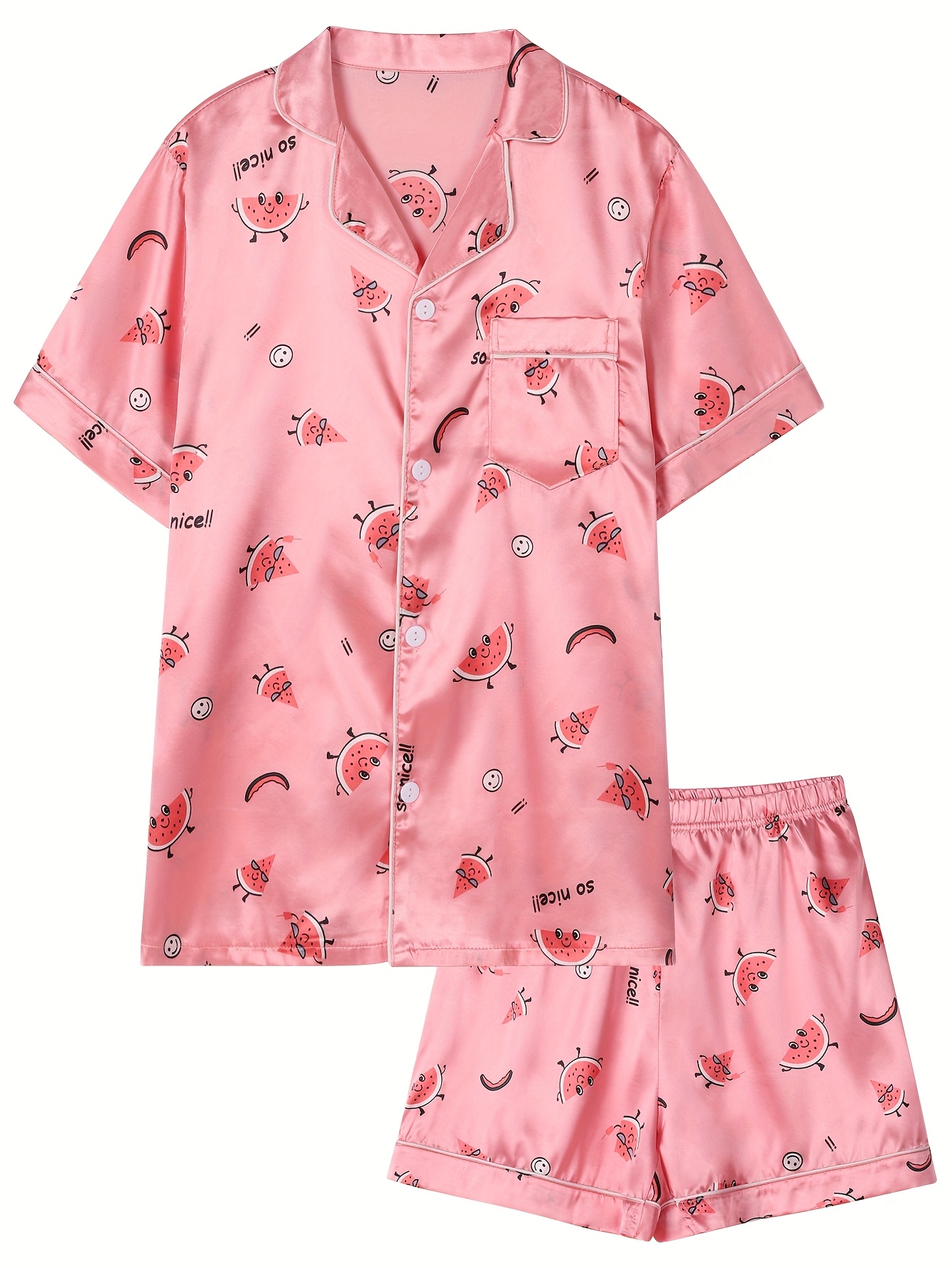 13-16Y Teens Girls Boys Summer Button Pajama Set Teenagers 2pcs Short  Sleeve Sleepwear Loungewear, Solid Color Nightgown, Cute Print Pjs, Size  13-16 Y