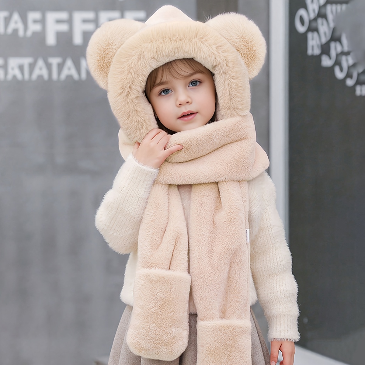 Image of 1pc Cute Bear Ears Thickened Plush Winter Warm Windproof Cold-proof Daily Outing Wearable Hooded Onesie, Suitable For 4y-10y