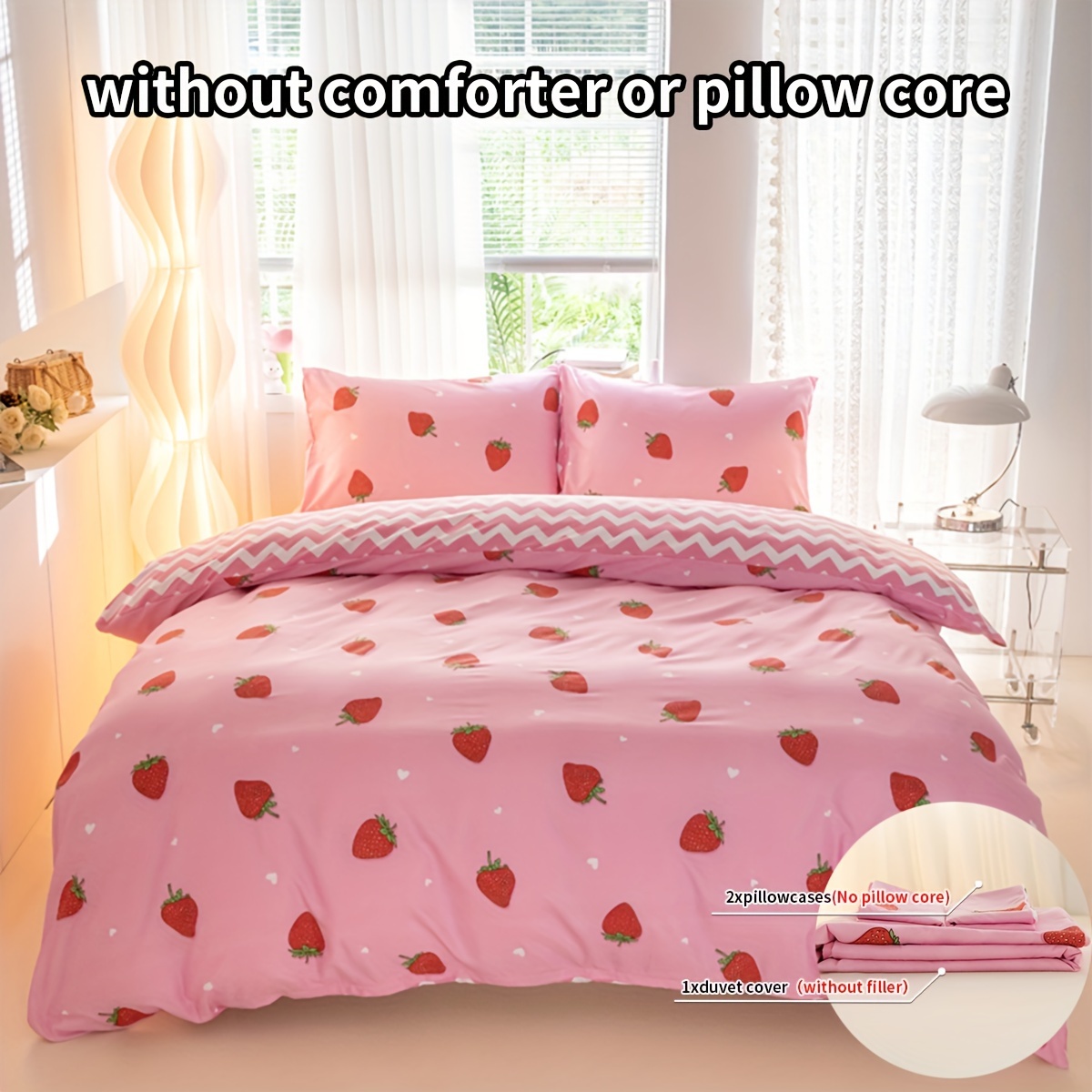 

3pcs Strawberry Print Duvet Cover Set - Soft, Breathable Polyester Bedding With Zip Closure For All - Includes 1 Duvet Cover & 2 Pillowcases (no Insert)