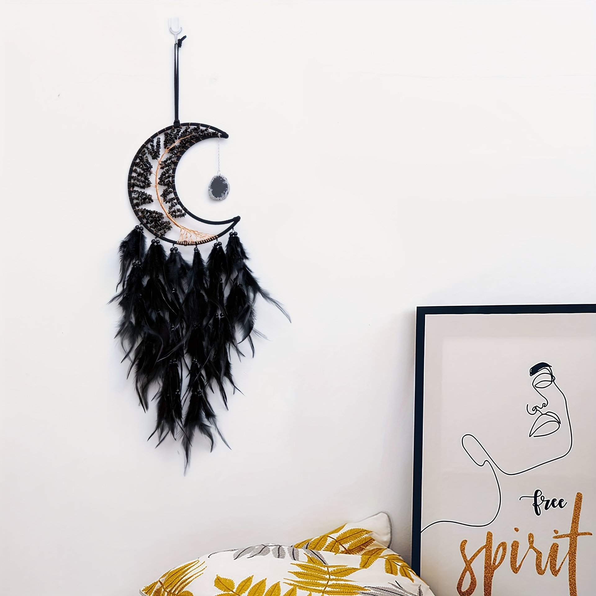 1pc Of Macrame Wall Hanging Curtain Featuring A Moon Design, Home Decor. This, With Its Life Tree Motif, Is Hand-woven And With Feathers, Making It An Ideal Window Decoration