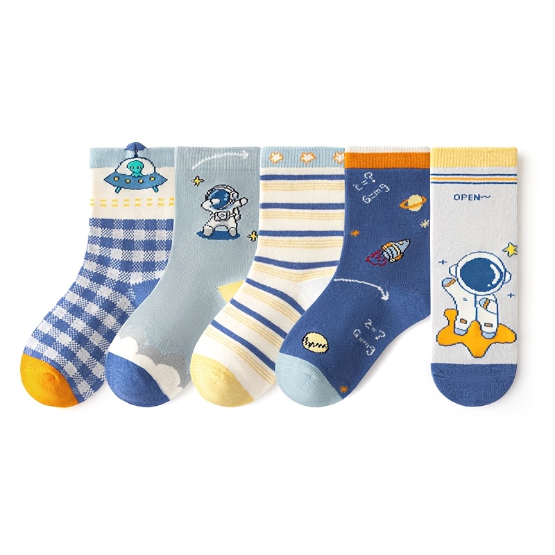 TEMU 5 Pairs Boys Socks Cute Cartoon Astronaut Space Pattern Comfortable Breathable Kids Baby Socks,fall And Winter Clothes