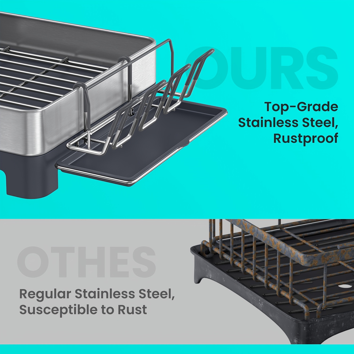 dish drying rack stainless steel dish rack with rotatable spout   fingerprint resistant dish drainers for kitchen counter 12 5 x 22 5in gray black utensil cup glass cutting board pan holders perfect gifts Product details 7