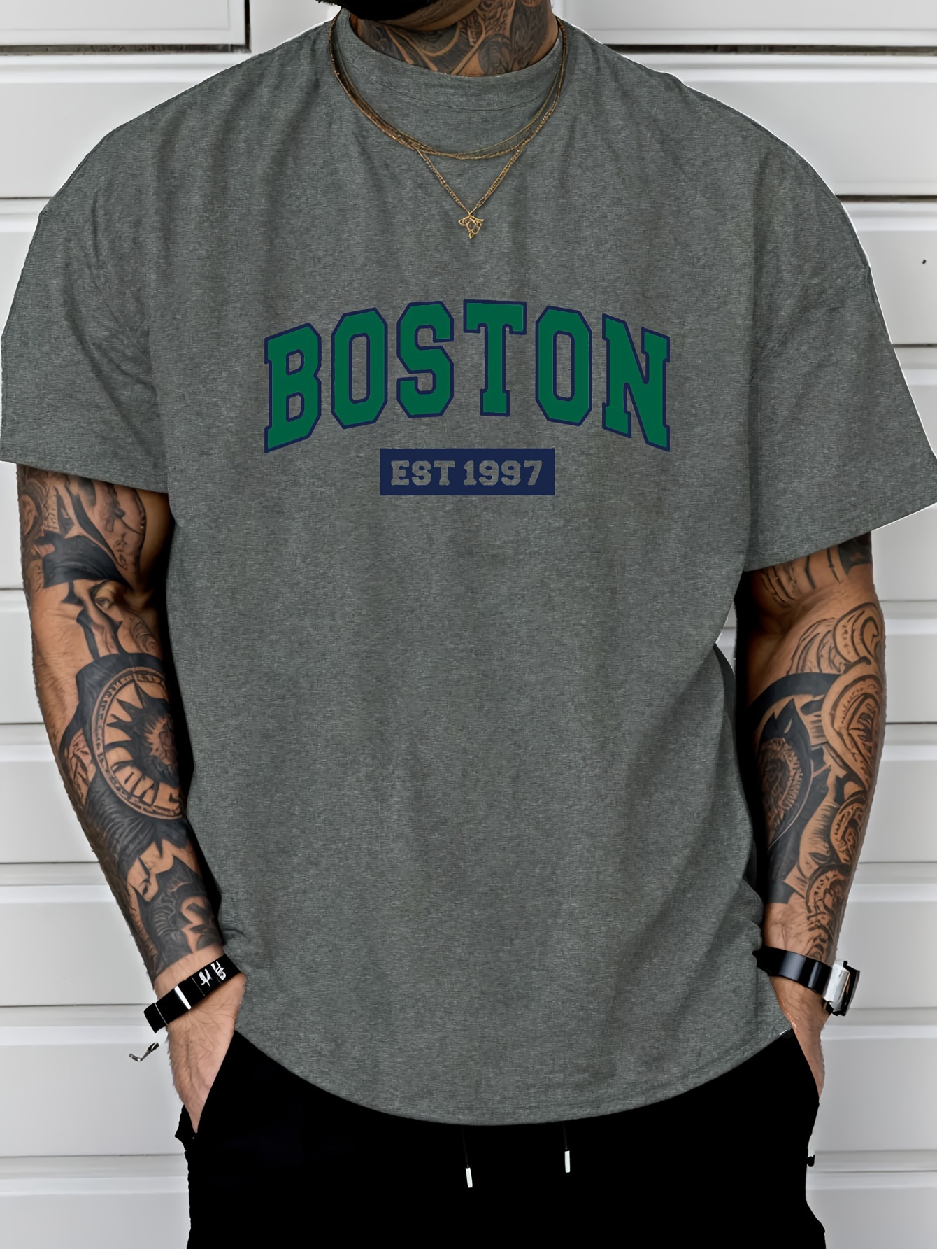 Men'S Boston Est. 1997 Graphic Print T-Shirt, Casual Crew Neck Short Sleeve Tee with Slight Stretch, Regular Fit, Letter Pattern Design, Perfect for Sports or Leisure Activities, Leisure Clothing | Trendy Crew Neck | Versatile Style
