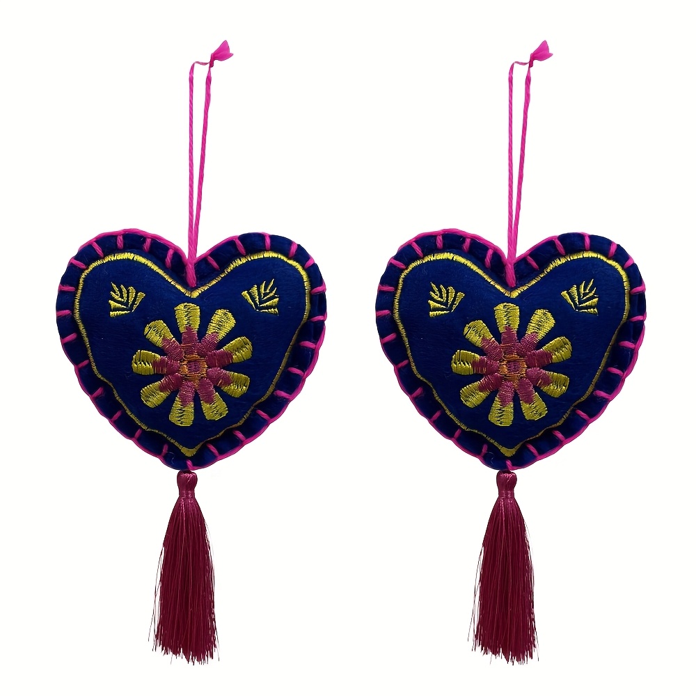 TEMU 2pcs Vintage Heart-shaped Felt Hanging Ornaments With Tassels - Colorful , Car & Home Decor, Ideal Mother's Day Gift, No Electricity Needed, Car