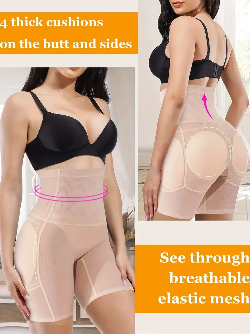 1pc, women's high waist shaping shorts, padded hip enhancer, seamless body shaper, anti-slip, removable pads, sports style, tummy control panties light beige 3
