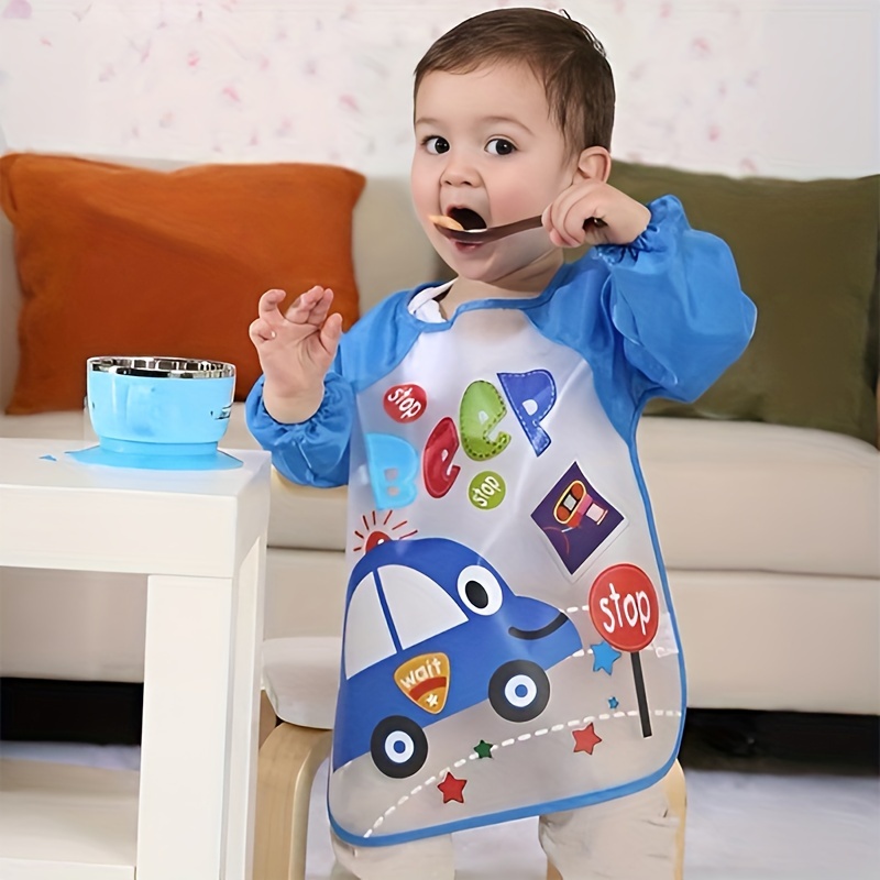 

Waterproof Blue Car-themed Bib For Youngsters & Toddlers, Stain-resistant Polyester, Ages 0-6