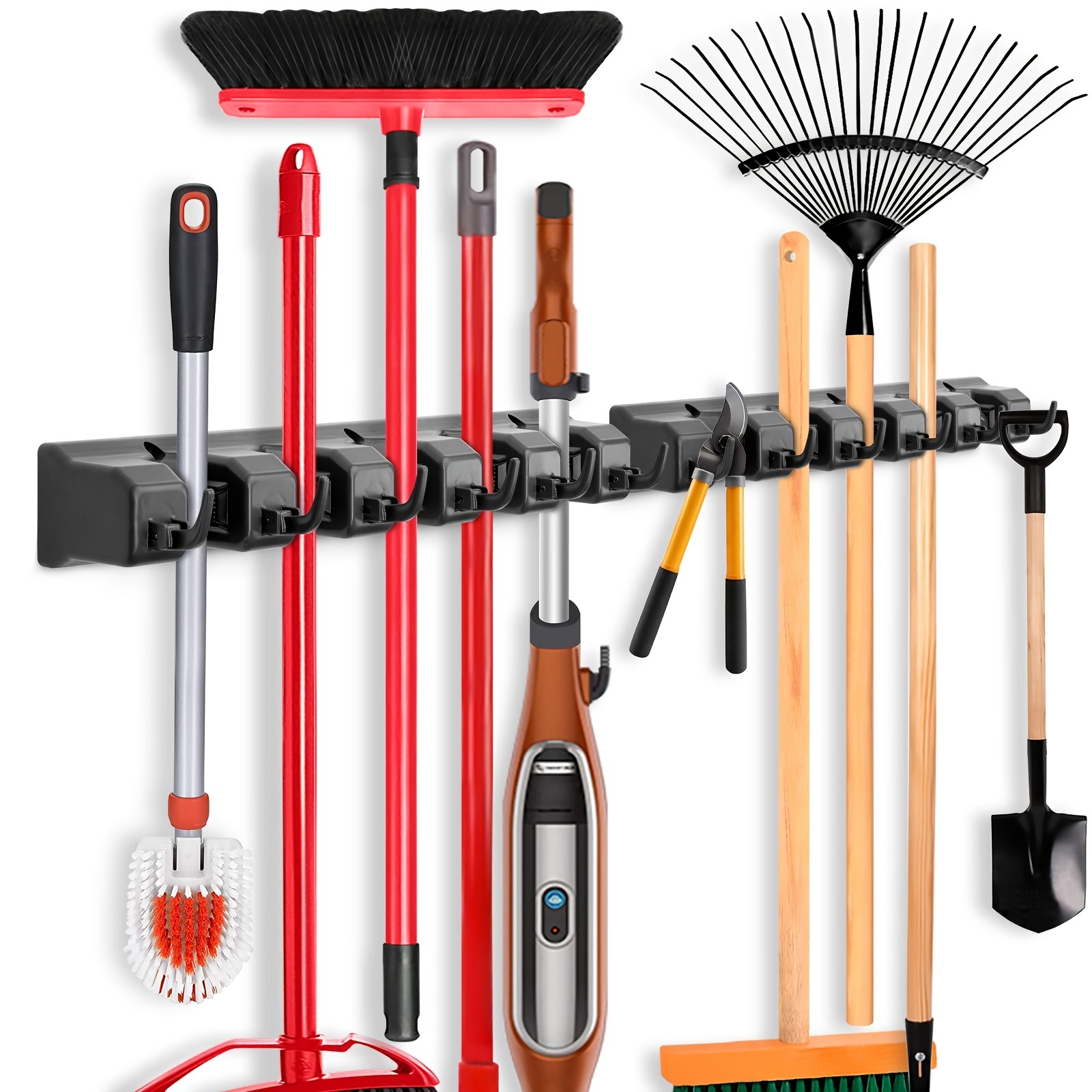 

Your With 2 Wall Mounted Mop And Broom Racks, Garage Tool Organizer Rack -5 Slots And 6 Hooks For Easy Organization! Anti Slip, Sturdy, Waterproof