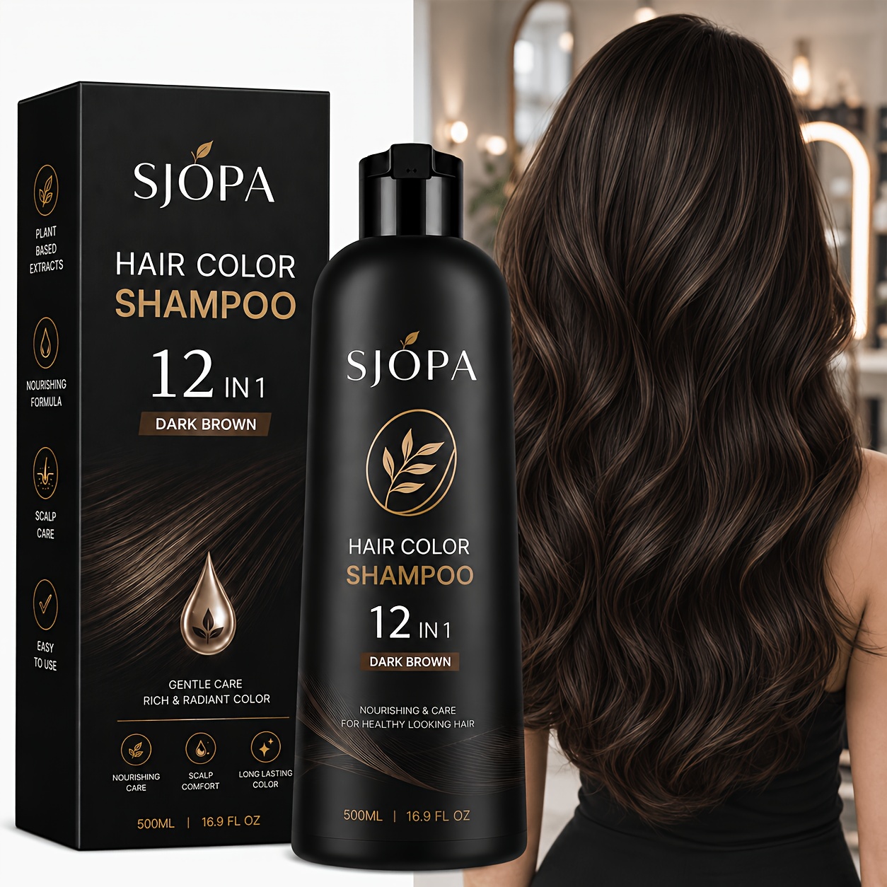 500ml Hair Color Shampoo, 12-in-1 Easy-apply Hair Dye Shampoo For Gray Hair Coverage, Herbal-inspired Formula, Unisex Hair , In Black, Light Brown, Red, Dark Brown, Silvery Gray, And Purple