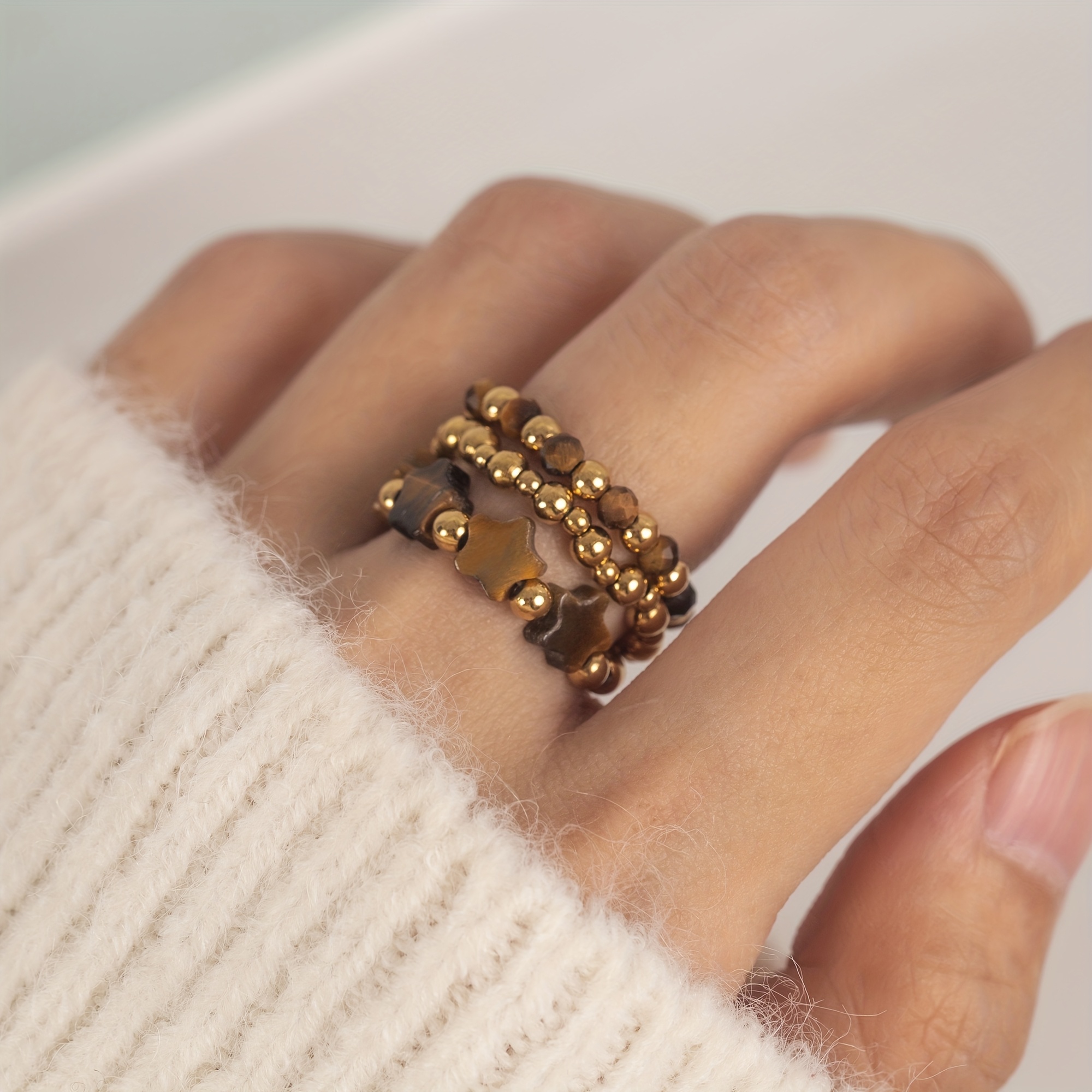 E-shop 3-teiliges Damen Boho Stern Naturstein + Edelstahl Ring Set Elastisches Seil Verstellbare Größe Elegante Schmuck Hochzeitsgeschenk Geeignet für