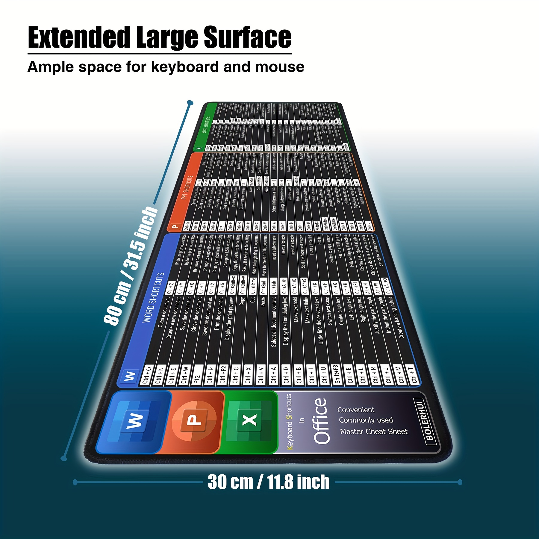 Tapis De Souris Bureau/gaming 30x25 Cm - Avec Raccourcis Clavier Excel/Word, Surface étanche, Antidérapant