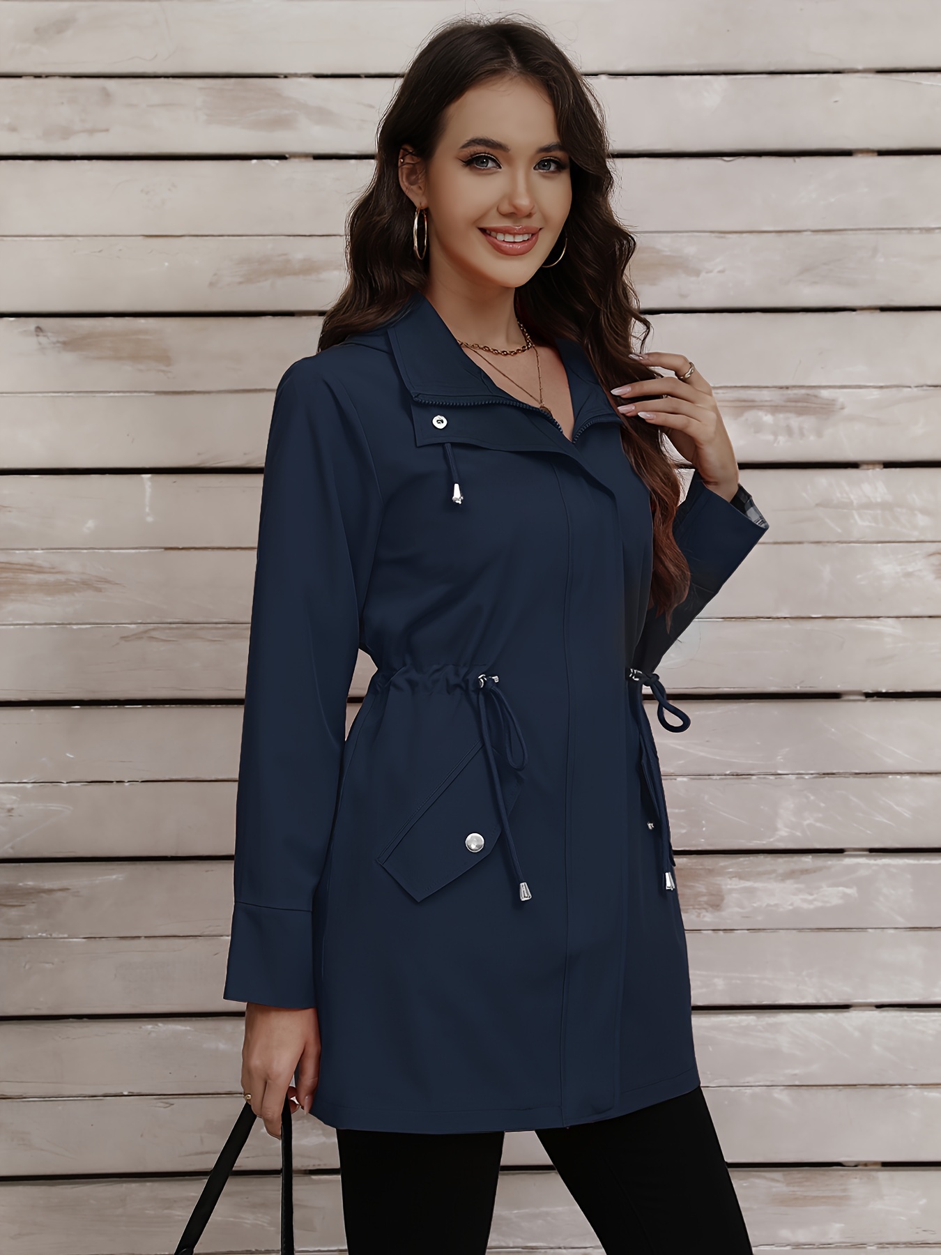womens long sleeve hooded drawstring waist pockets zipper jacket womens outdoor wear clothing