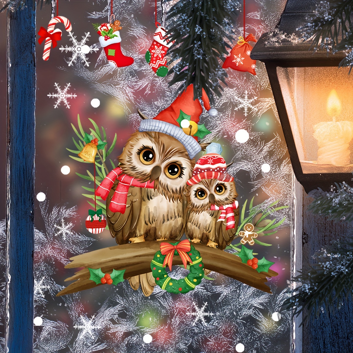 

Christmas Owl Window Decals, Contemporary Self-adhesive Polyvinyl Chloride Holiday Decor, Festive Branch With , Single-use Pvc Clings With Double-sided Print For Home And Display, 30x35cm (ct4047-zc)