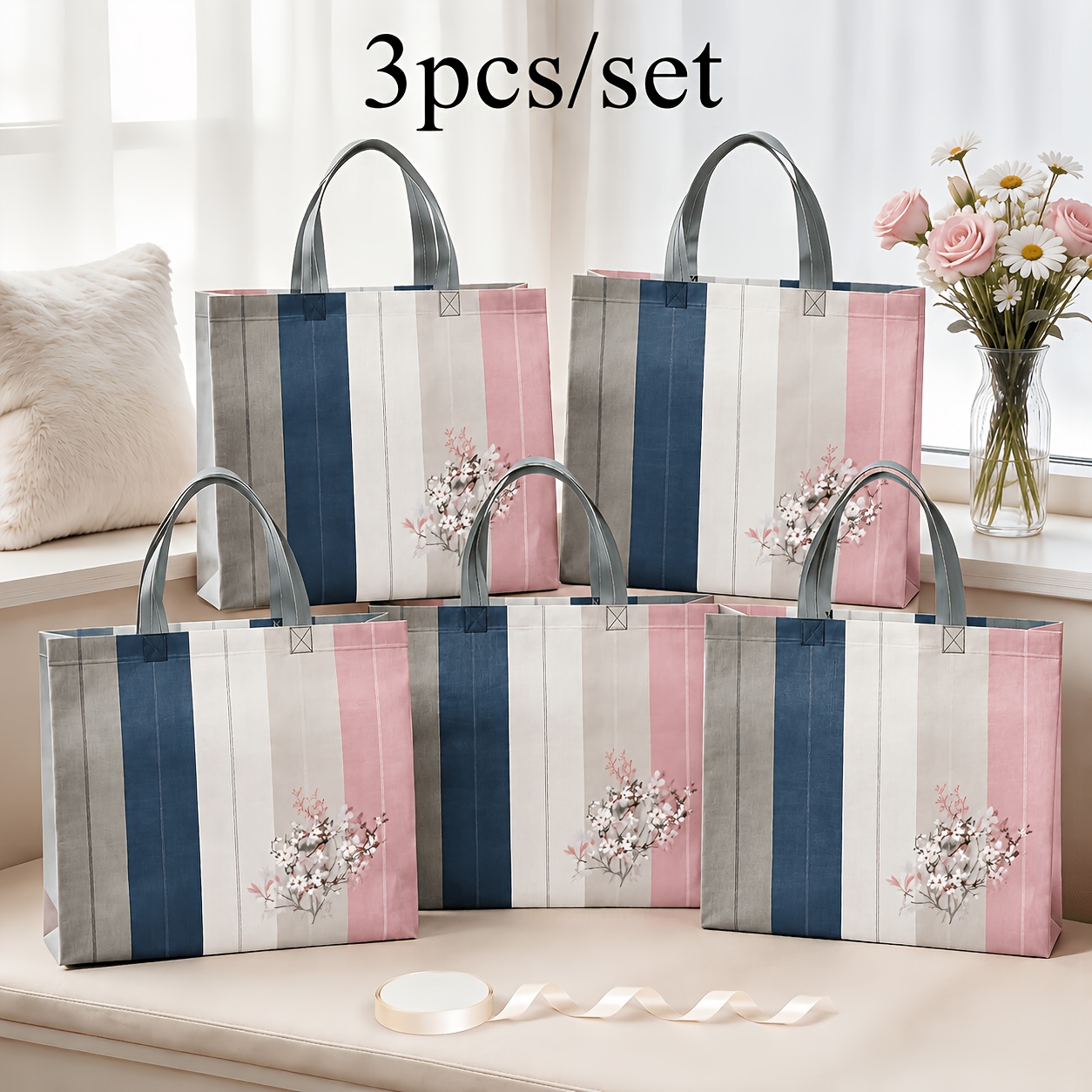 TEMU 3pcs Sacs à main pliables réutilisables de grande capacité, adaptés à de cadeaux d'anniversaire/mariage, au rangement des vêtements et des