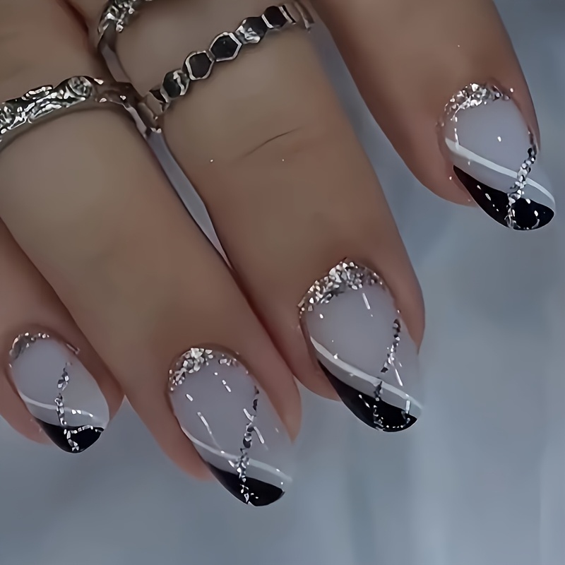 Image of 24pcs Of European And Black Glitter Almond-shaped Nails With , Removable And Wearable For Nail Art