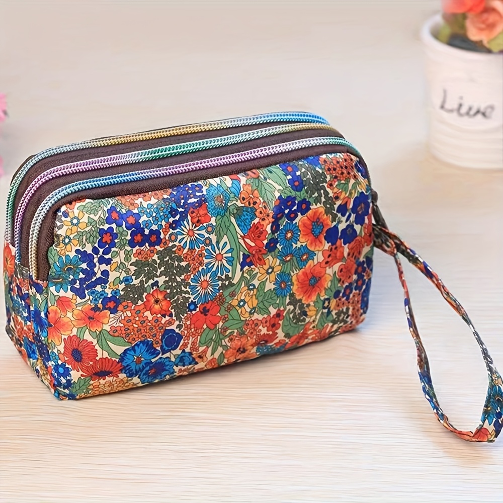 1pc Long Fabric Coin Purse With 3 Zippered Compartments, Large Capacity Phone Pouch